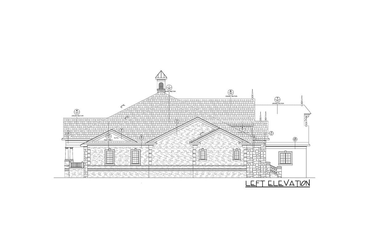 Left elevation drawing of a house plan with a prominent gambrel roof, dormers, cupola, and brick facade.