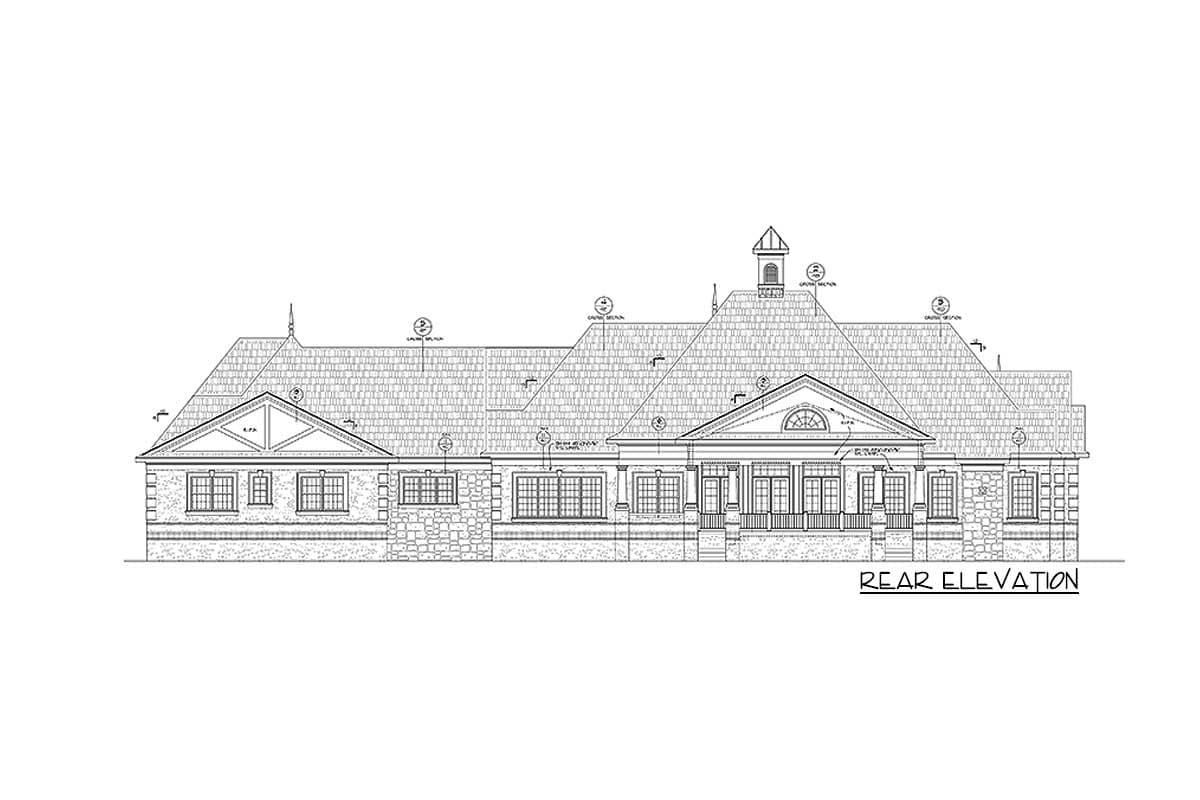 Rear elevation drawing of a house plan featuring gables, a dormer, multiple windows, and a porch.