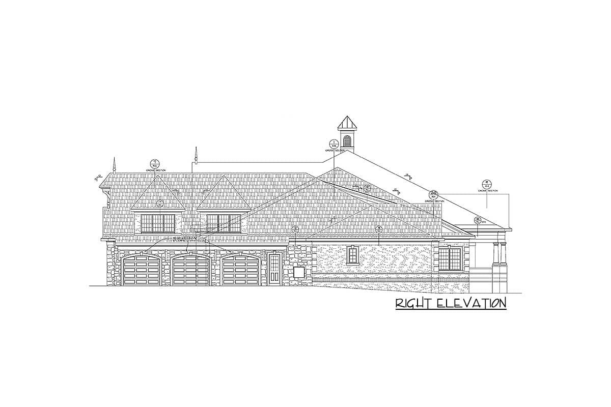Right elevation house plan showing a three-car garage, dormers, and a cupola.