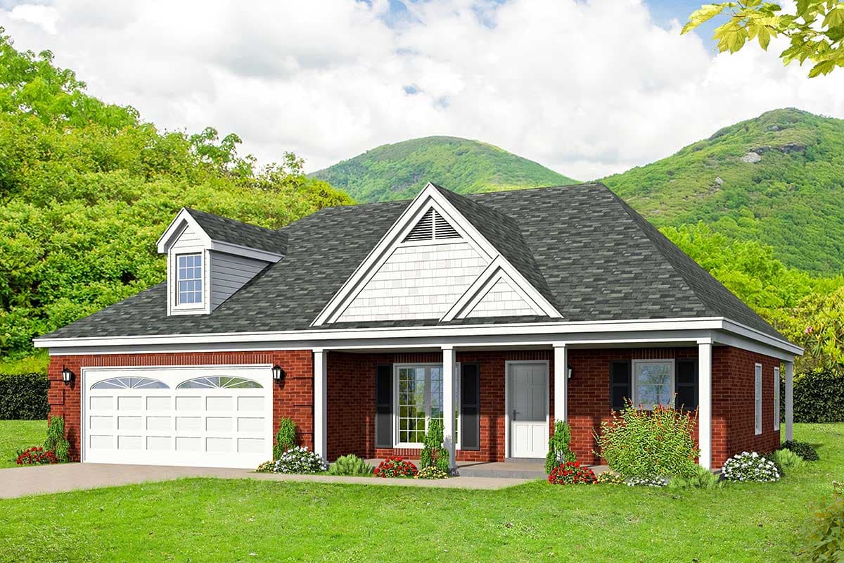 House plan exterior. Ranch style with brick facade, gable roof, covered porch, and a dormer. Attached garage with two-car door.