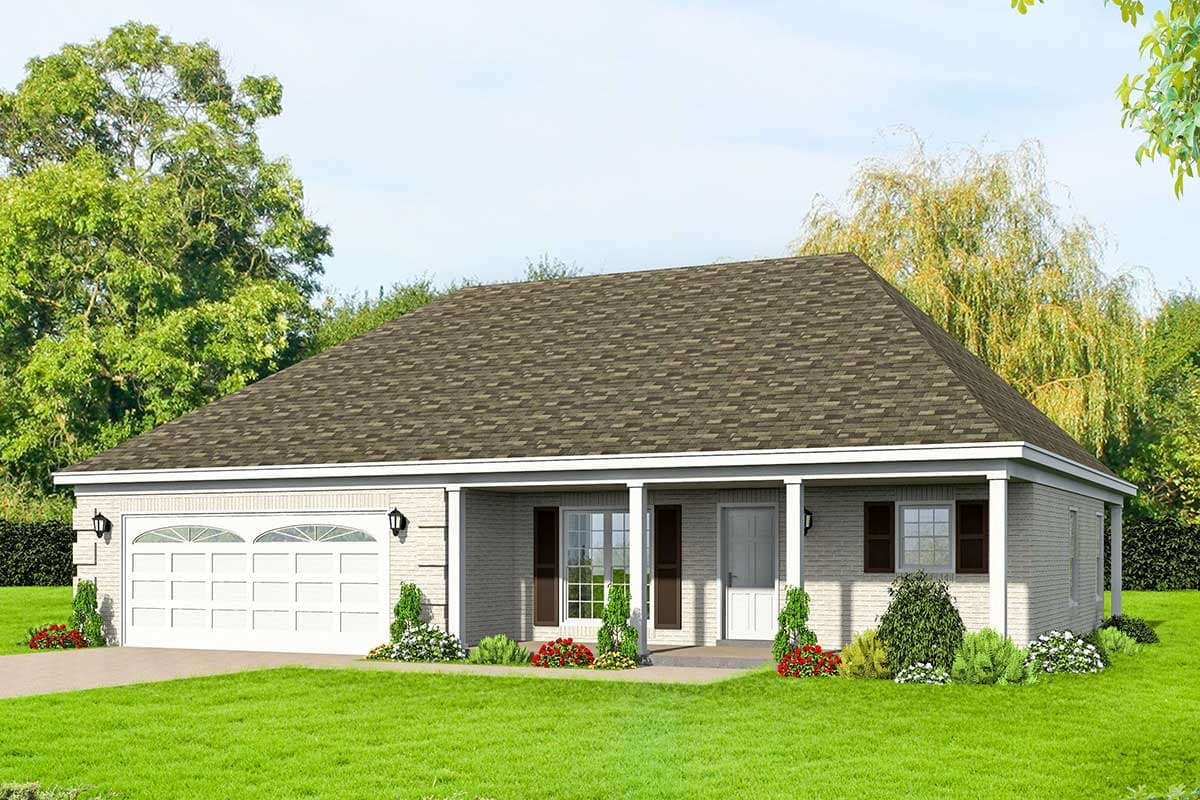 Ranch style house plan exterior, one story, with a covered front porch, attached two-car garage, and brick facade.