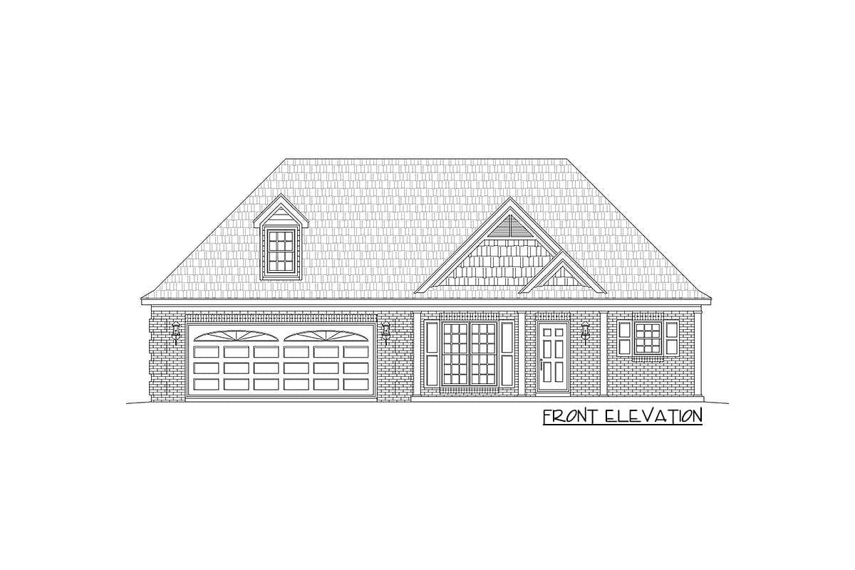 Front elevation drawing of a one-story house plan with a dormer, gabled roof with shingles, and a two-car garage.
