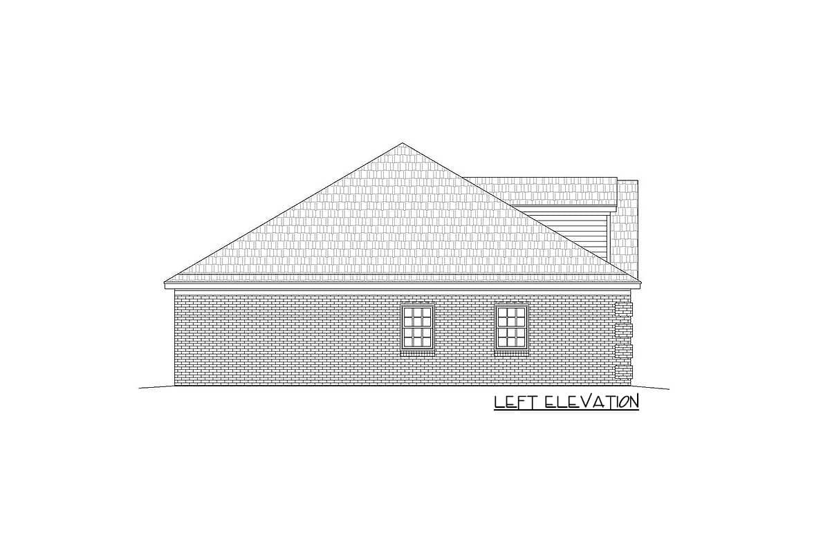 Left elevation house plan drawing showing brick exterior, gable roof, and two windows.