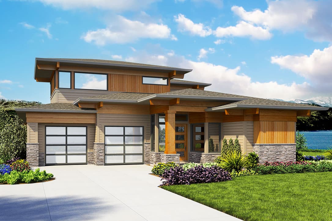 Modern house plan exterior with two stories, flat roof, wood accents, clear glass garage doors, and front entry columns.