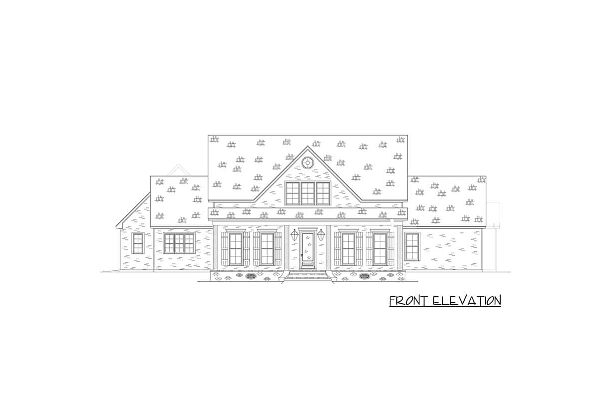 Front elevation house plan showing a two-story home with a prominent gable, covered porch, and multiple windows.