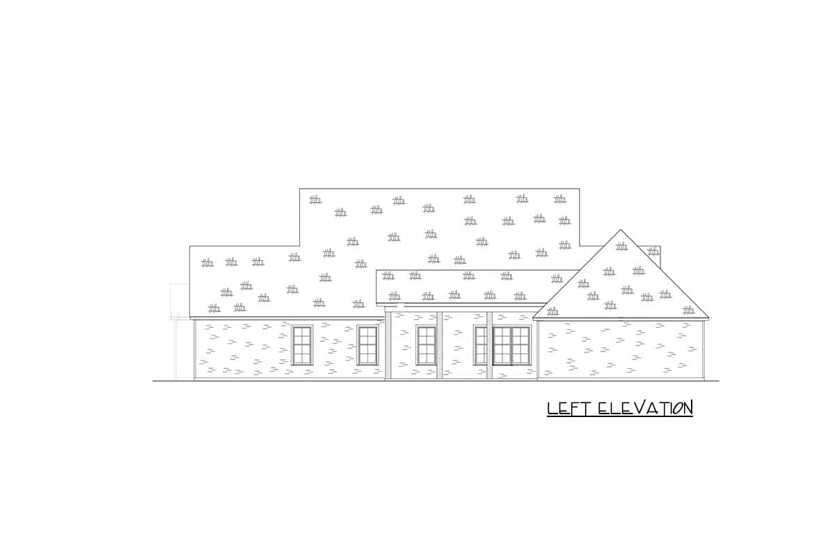 Left elevation drawing of a house plan showing varied rooflines, brick facade, and multiple windows.