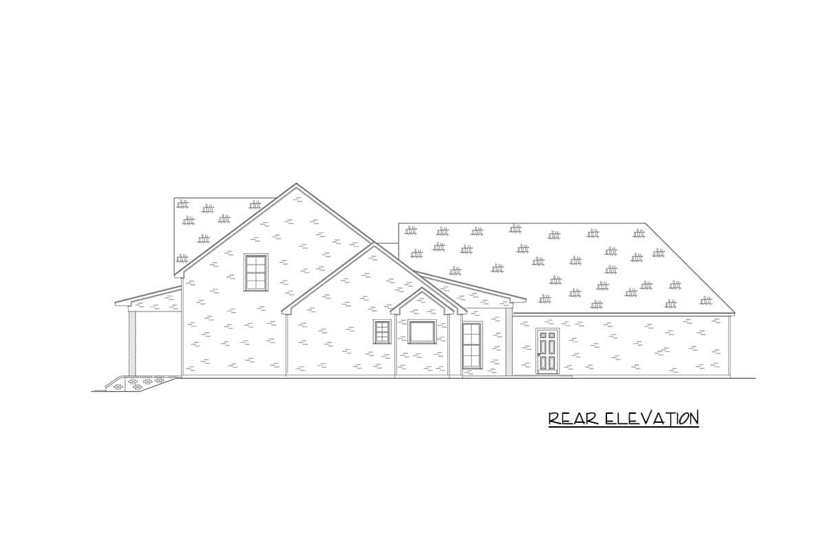 Rear elevation drawing of a house plan with multiple gables, dormers, windows, and a double door.