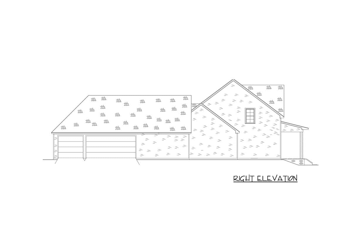 Right elevation of a house plan showing a two-car garage, gable rooflines, and a covered porch.