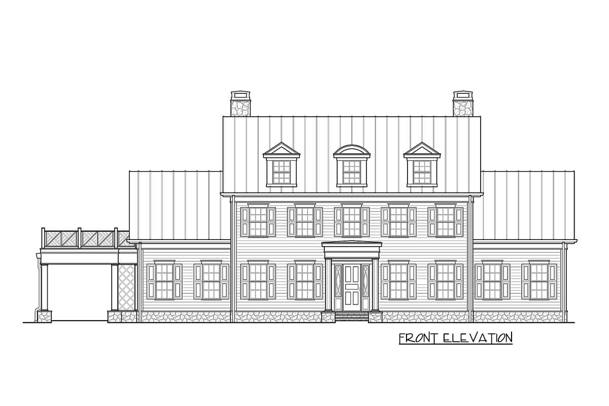 Front elevation drawing of a two-story house with a metal roof, dormers, and a covered porte-cochère.