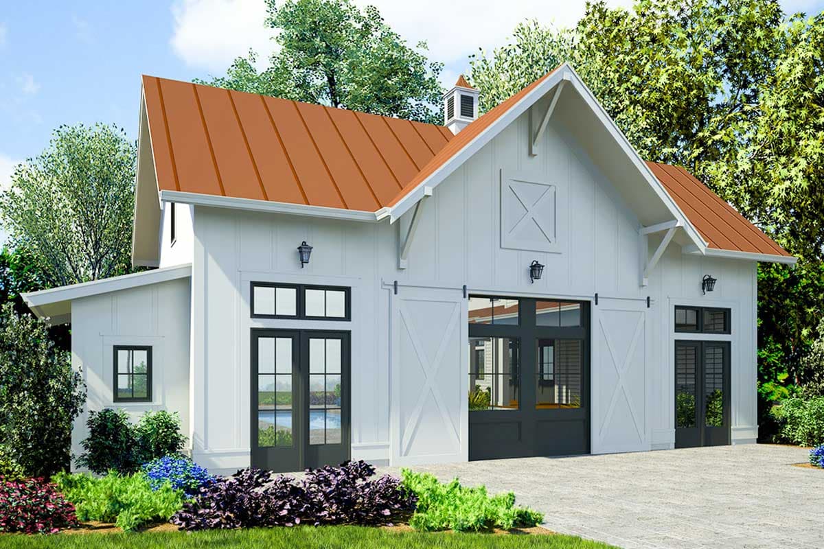 House plan exterior. Modern Farmhouse style with a single story, board-and-batten siding, cross gable, sliding barn doors, and a copper metal roof.