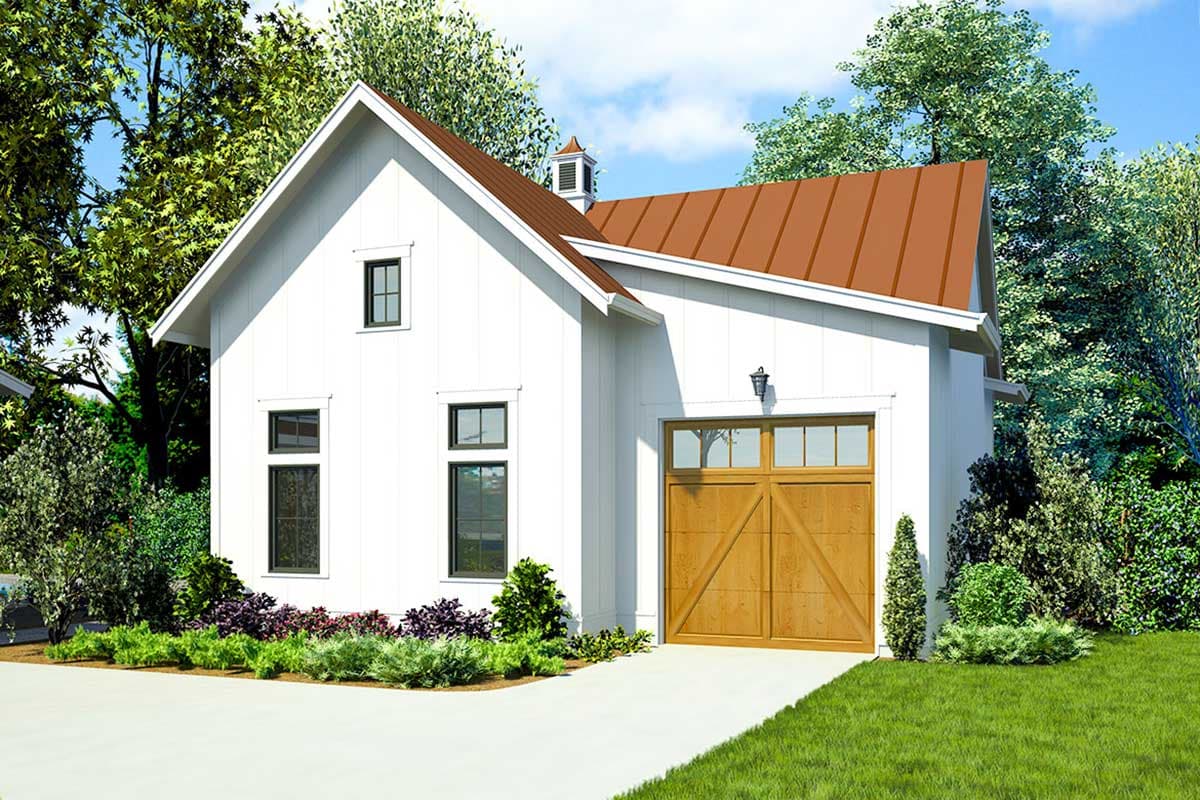 Modern Farmhouse house plan exterior with white vertical siding, a copper standing seam roof, and a natural wood garage door.