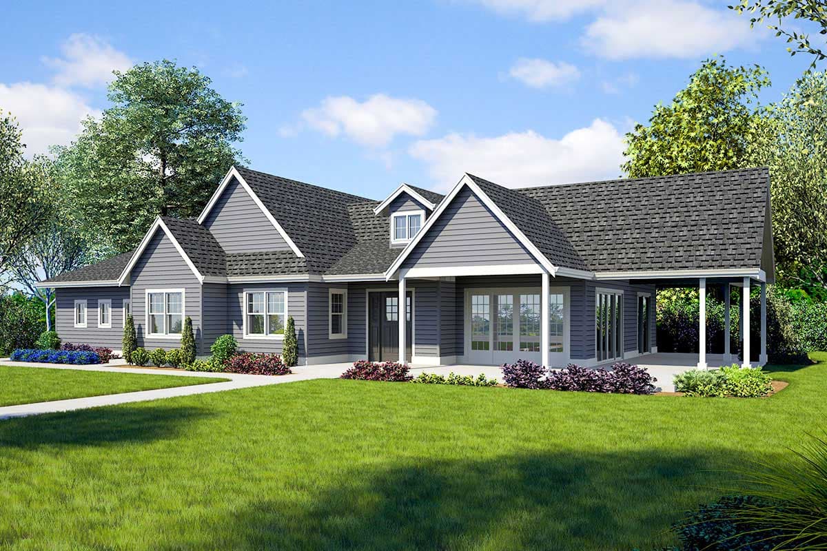 House plan exterior. Ranch style with multiple gables, dormer, and covered porch. Features include a grey shingle roof and siding.