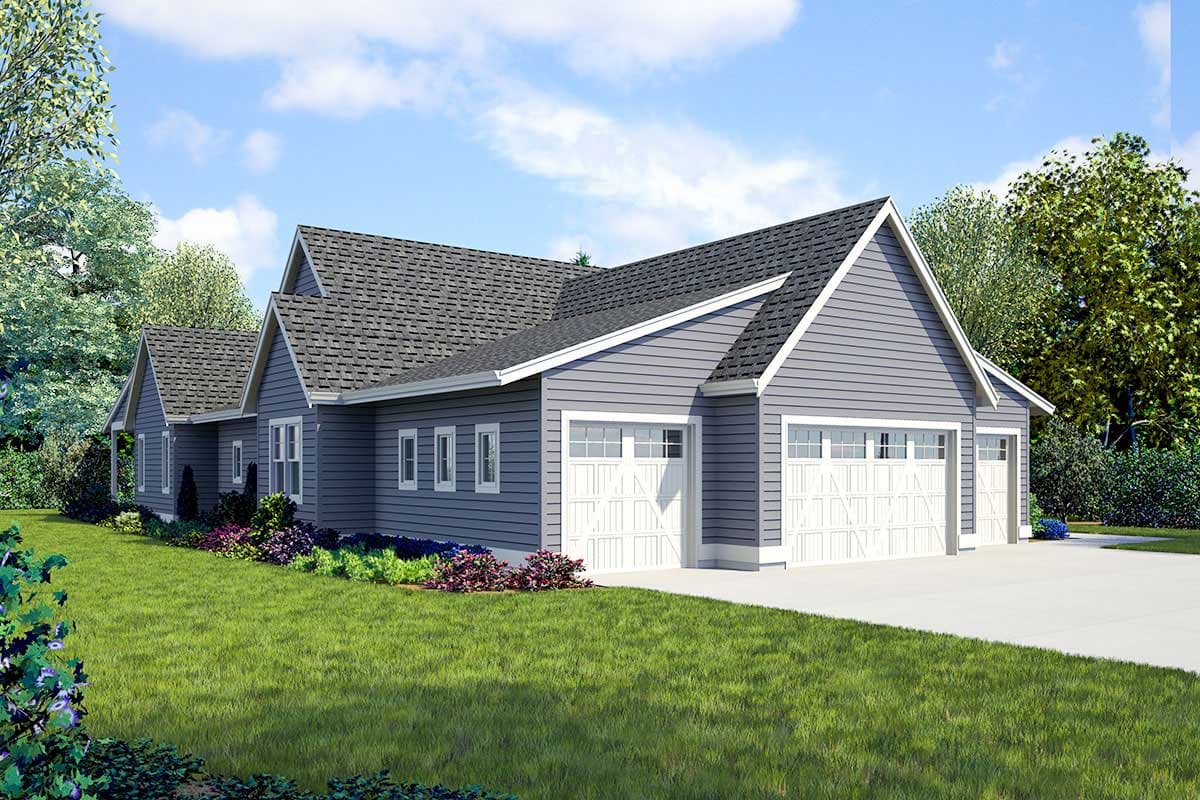 House plan exterior: Ranch style, two stories, with a three-car garage and prominent gables.