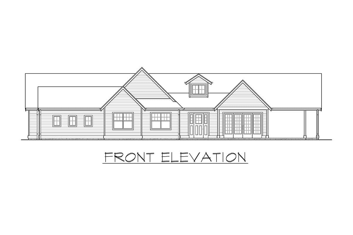 Front elevation drawing of a single-story house plan with gables, dormer, double doors, and covered porch.