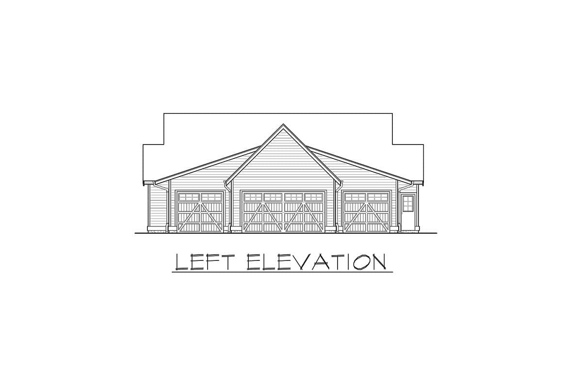 Left elevation drawing of a house plan with a three-car garage and gabled roof.