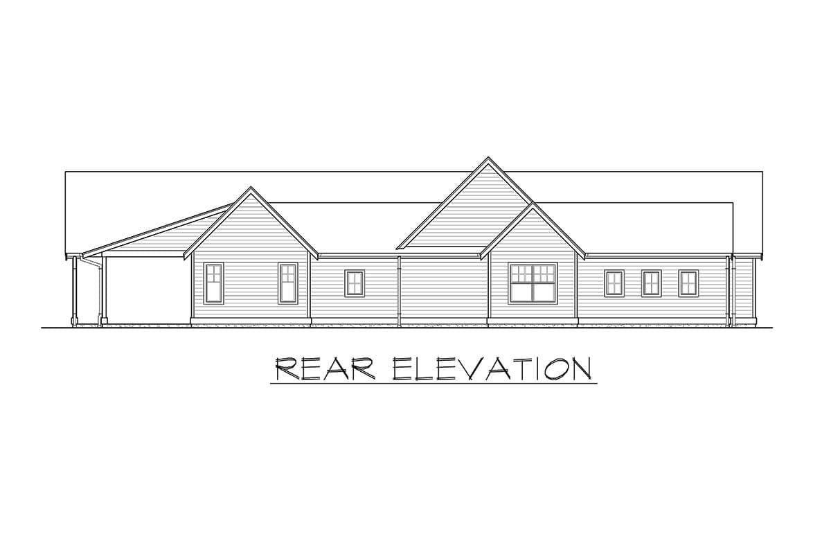 Rear elevation drawing of a single-story house plan with gabled rooflines, a covered carport, and multiple windows.