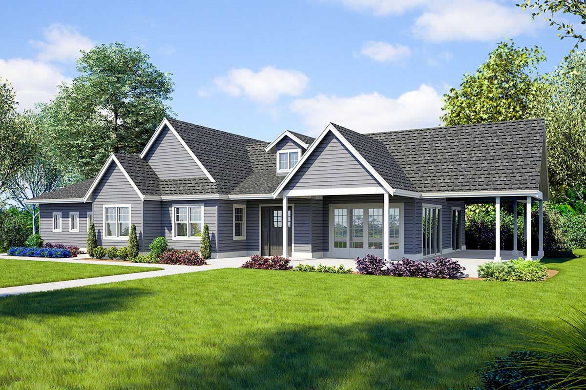 House plan exterior with gabled roof, dormer, and covered porch. Features horizontal siding, multiple windows, and a front entry door with sidelights.