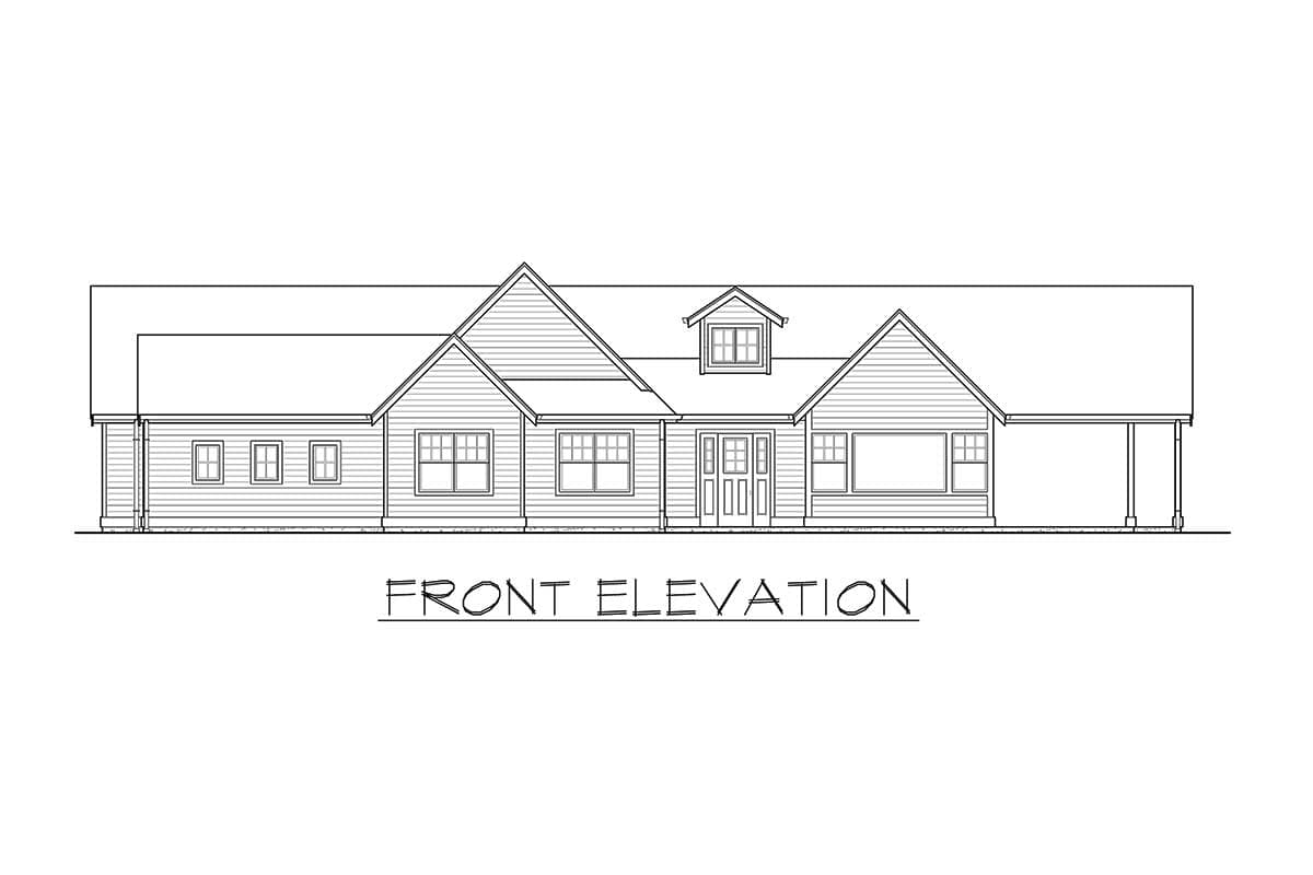 Front elevation drawing of a one-story house with a gable roof, dormer, and attached carport.