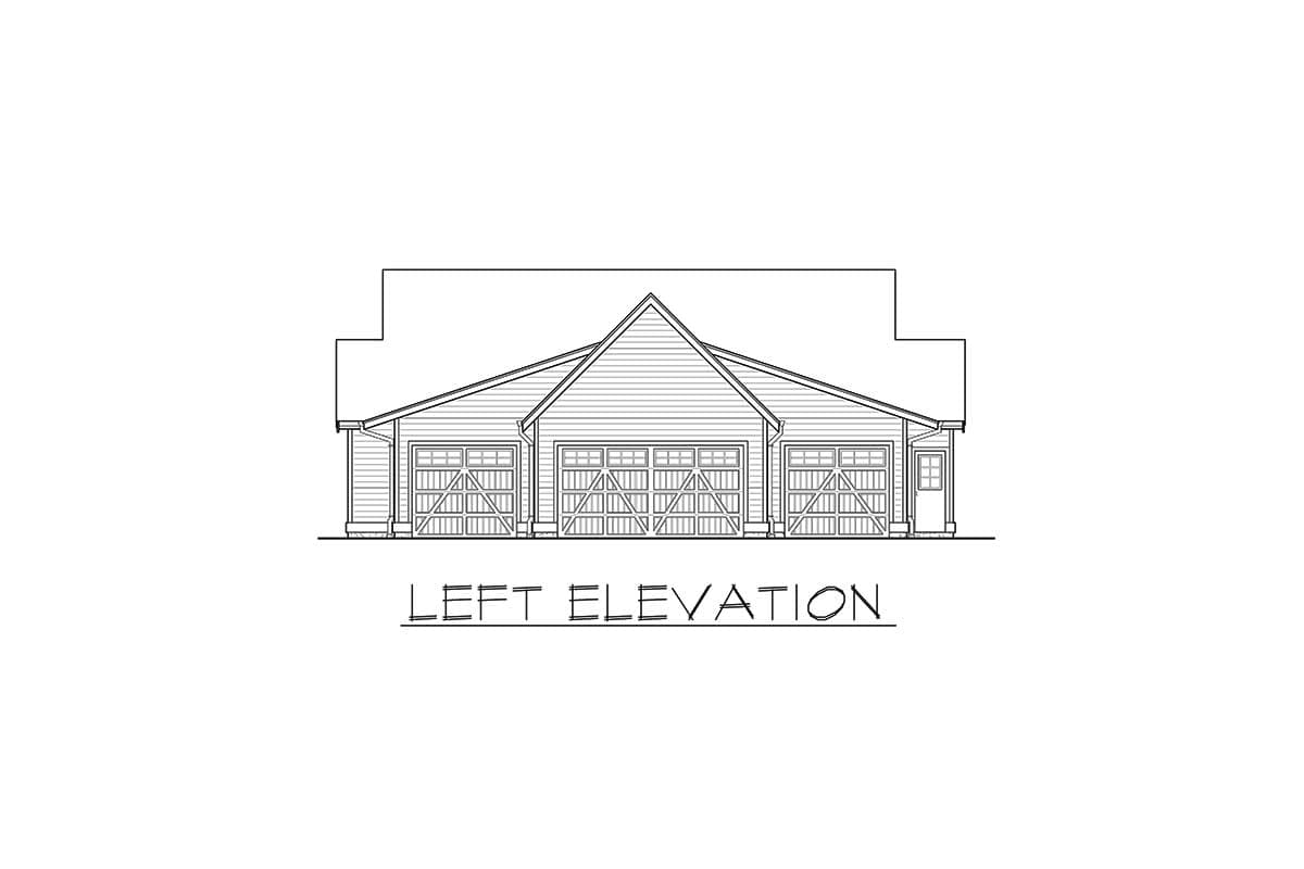 Left elevation drawing of a house plan featuring a three-car garage and a prominent central gable.