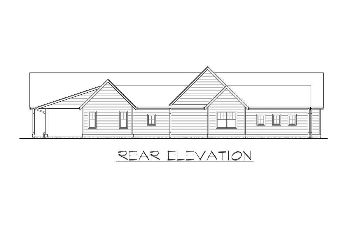 Rear elevation drawing of a house plan with gabled rooflines, a covered carport, and multiple windows.