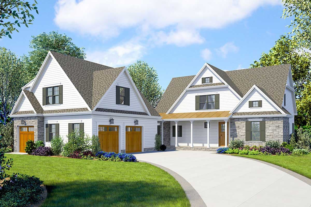 House plan exterior. Two-story Modern Farmhouse with gabled rooflines, a front porch, stone accents, and a side-entry garage.