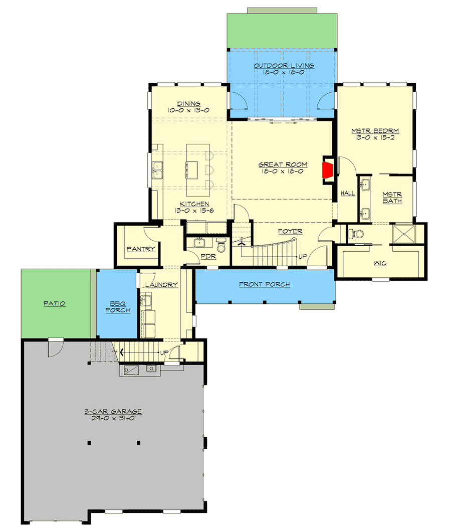 Plan 23770JD: Striking 3-Bed Farmhouse Plan with Angled 3-Car Garage and Bonus Room - Floor Plan - Main Level - Cottage, Country, Farmhouse, New American