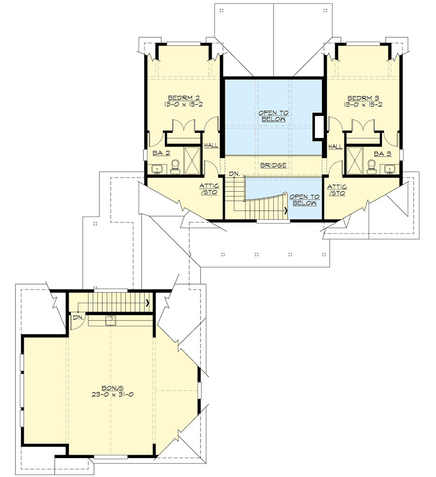 Plan 23770JD: Striking 3-Bed Farmhouse Plan with Angled 3-Car Garage and Bonus Room - Floor Plan - 2nd Floor - Cottage, Country, Farmhouse, New American