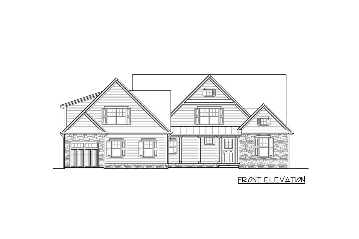 Front elevation drawing of a two-story house plan with gabled dormers, a covered porch, and stone accents.
