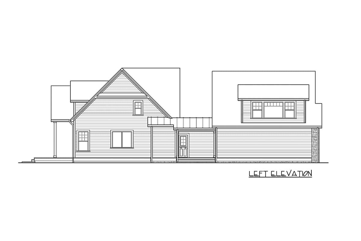 Left elevation drawing of a house plan with a prominent gable, dormer, porch, and garage.