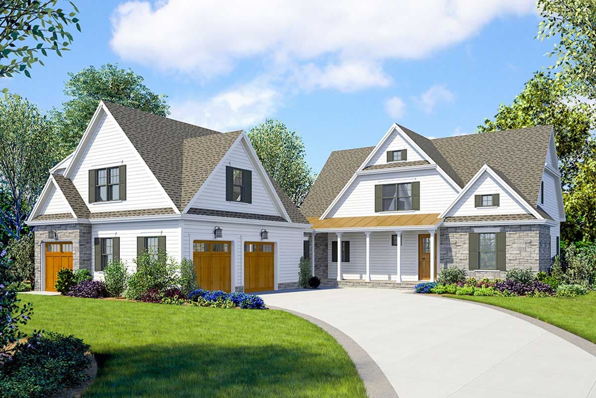 House plan exterior. Two-story Modern Farmhouse with gabled rooflines, stone accents, attached garage, and covered porch.