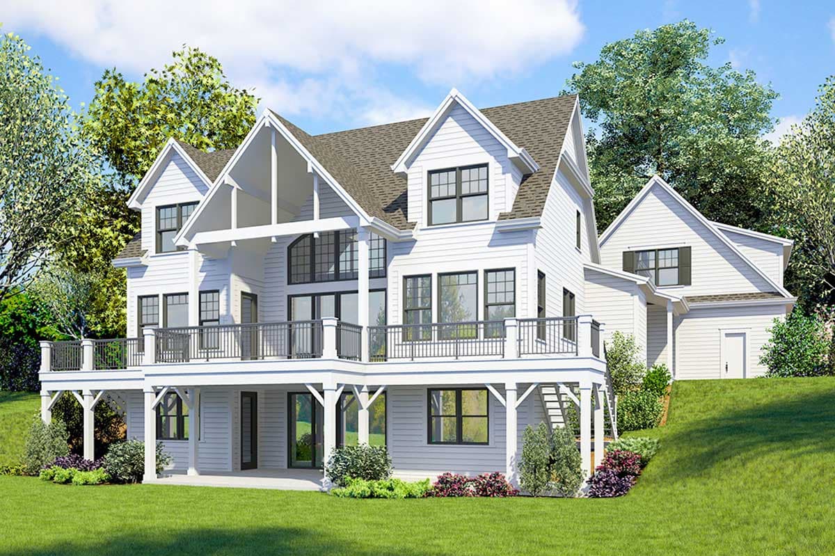 Modern farmhouse style house plan exterior with two stories, large wraparound deck, multiple gables, and large window arrays.