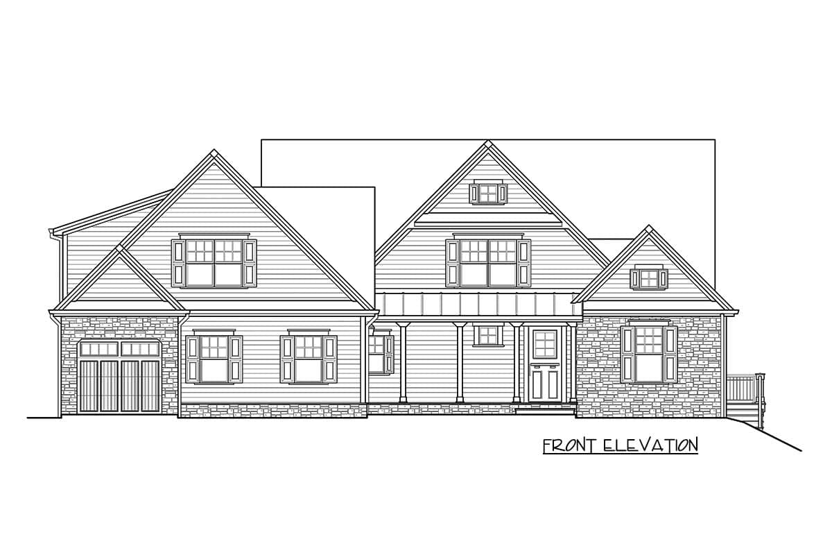 Front elevation house plan with gabled dormers, stone accents, covered porch, and multi-pane windows.