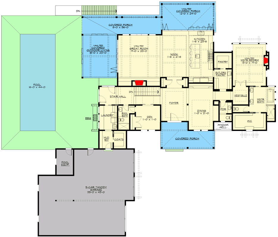 Plan 23783JD: Luxurious 4-Bed Farmhouse with Walk-Out Basement and 5-Car Garage - Floor Plan - Main Level - Country, Farmhouse, New American, Northwest, Traditional