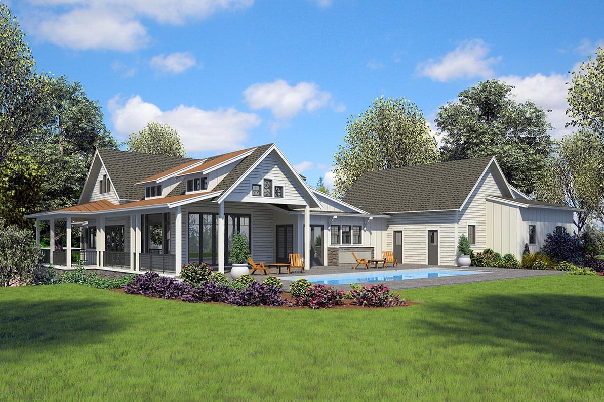 Modern Farmhouse style house plan exterior with wrap-around porch, gables, dormers, and attached garage.