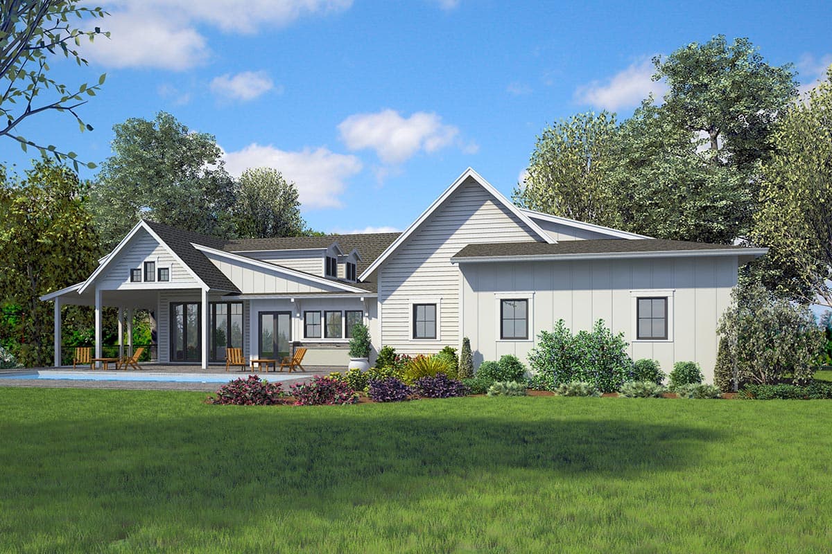 Modern Farmhouse house plan exterior with a covered porch, gables, dormers, and board and batten siding.