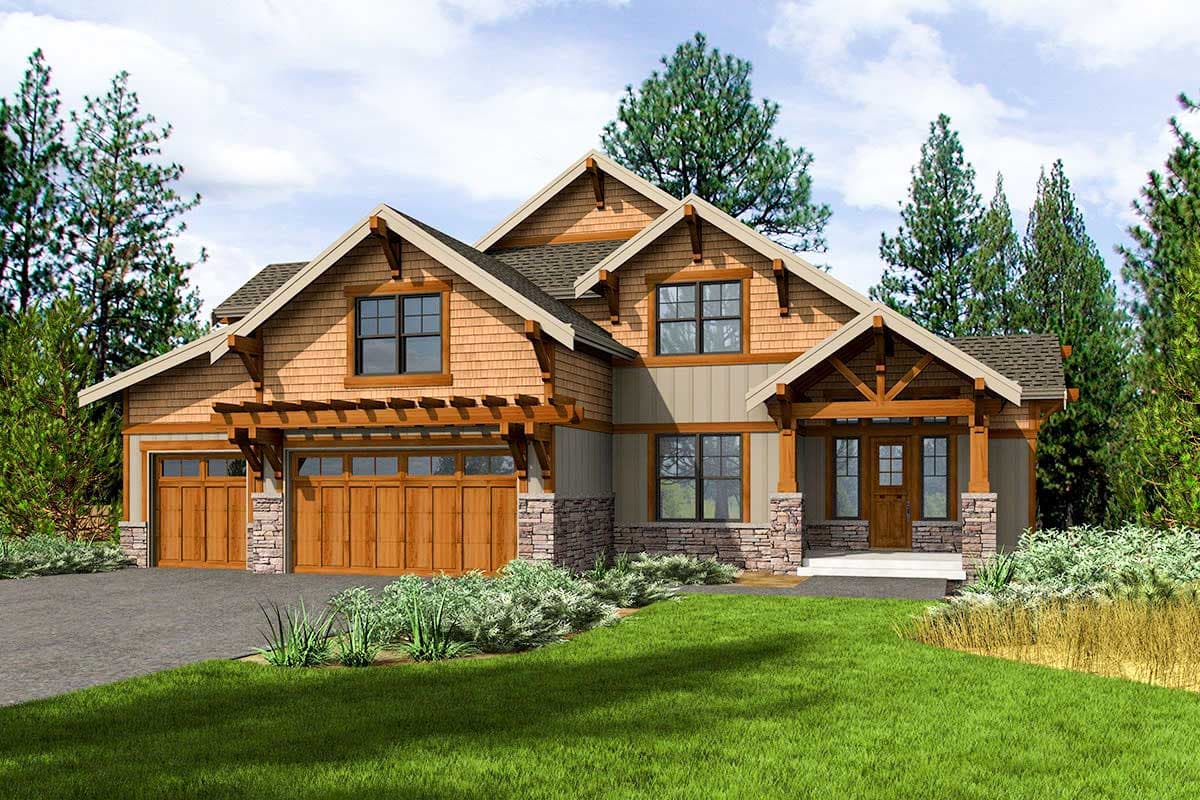 House plan exterior featuring Craftsman-style elements. Two-story home with a pergola over garage doors, exposed rafter tails, and multiple gables.