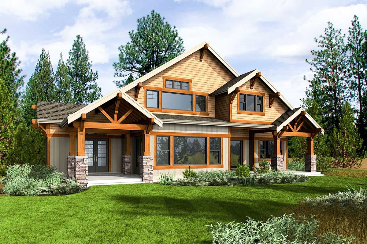 Craftsman house plan exterior with two stories, exposed rafter tails, stone base columns, and large windows.