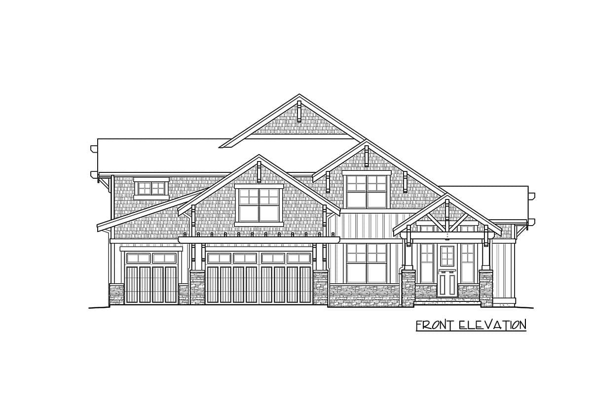 Front elevation house plan featuring multiple gables, stone accents, a covered entry, and a four-car garage.