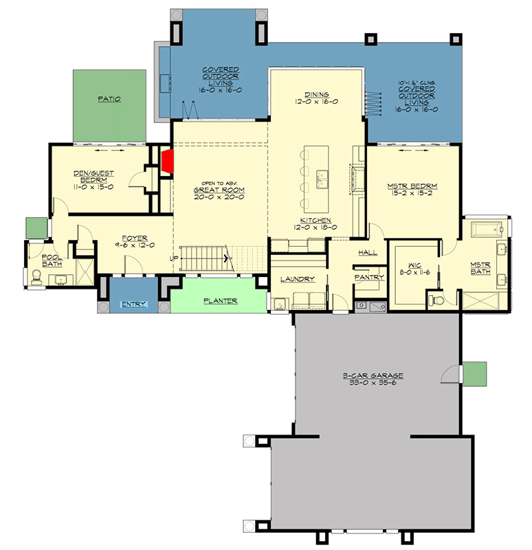 Plan 23774JD: Modern 4-Bed House Plan with Indoor / Outdoor Living Spaces - 3485 Sq Ft - Floor Plan - Main Level - Contemporary, Mid Century Modern, Modern, Prairie