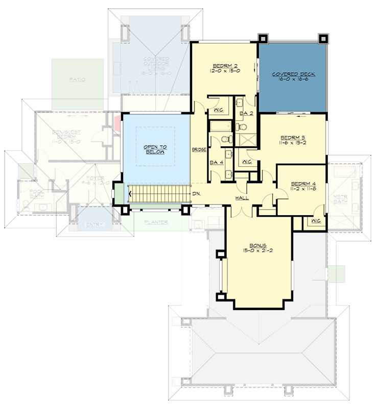 Plan 23774JD: Modern 4-Bed House Plan with Indoor / Outdoor Living Spaces - 3485 Sq Ft - Floor Plan - 2nd Floor - Contemporary, Mid Century Modern, Modern, Prairie