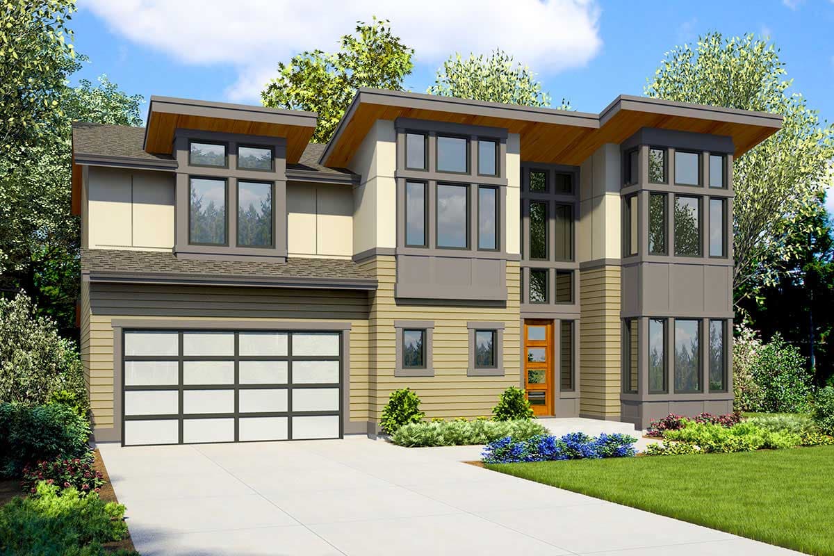 House plan exterior: Modern two-story home with flat rooflines, large windows, and a glass-paneled garage door. Features a prominent entryway.