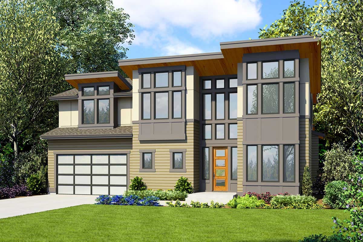 Modern house plan exterior with two stories, a side-entry garage, large windows, and cantilevered roof elements.