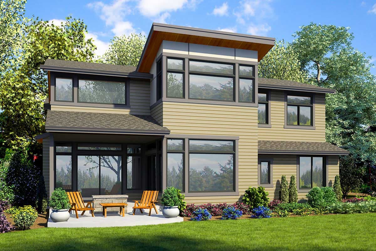 Modern house plan exterior with hip roof, horizontal siding, and large windows. Covered patio with seating.
