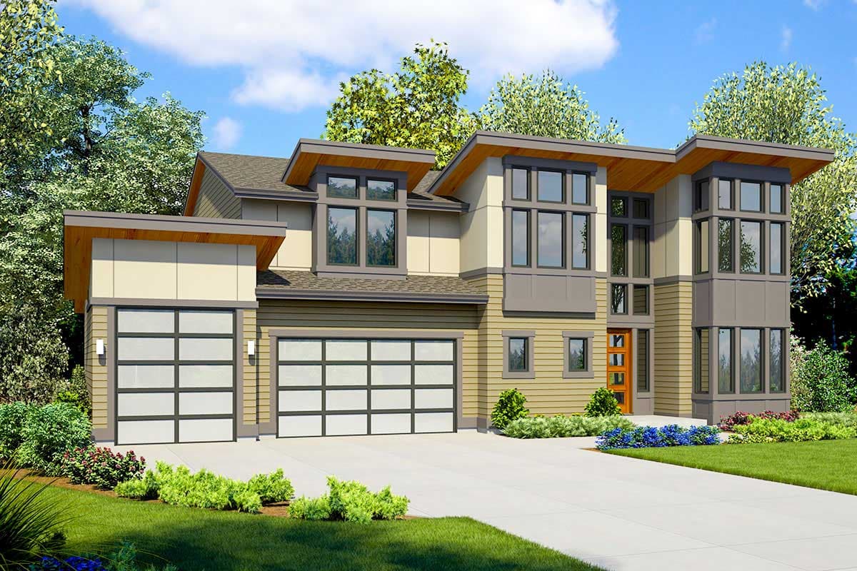 House plan exterior. Modern style, two-story home with flat rooflines, large windows, and a two-car garage. Features include wood-look accents.