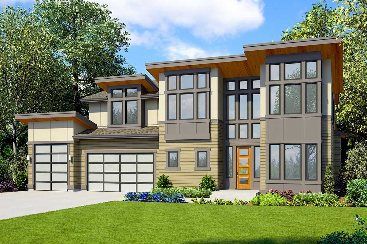 Modern house plan exterior with a two-car garage, multiple gables, and expansive floor-to-ceiling windows.