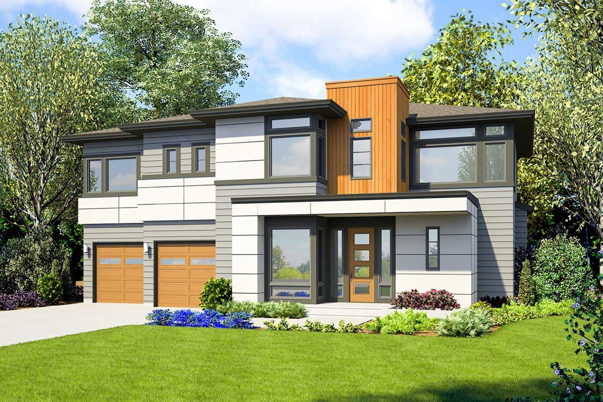 Modern two-story house plan exterior with a covered entry, wood-paneled accent, and two-car garage.