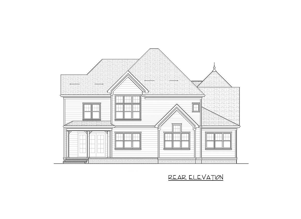 Rear elevation drawing of a two-story house plan with gables, a covered porch, and multiple windows.