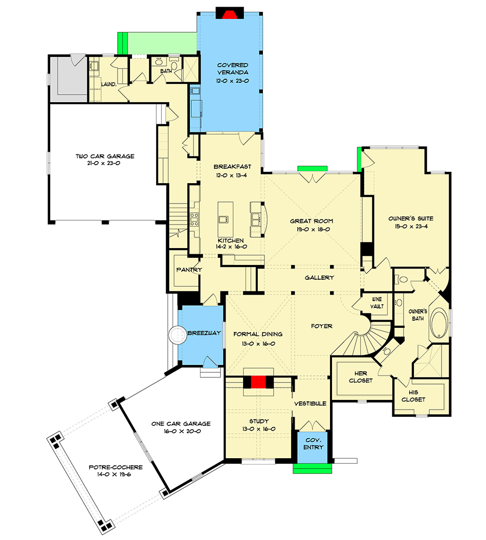 Plan 93104EL: Exclusive 4-Bed European House Plan with Media Room - Floor Plan - Main Level - European, French Country, Tudor