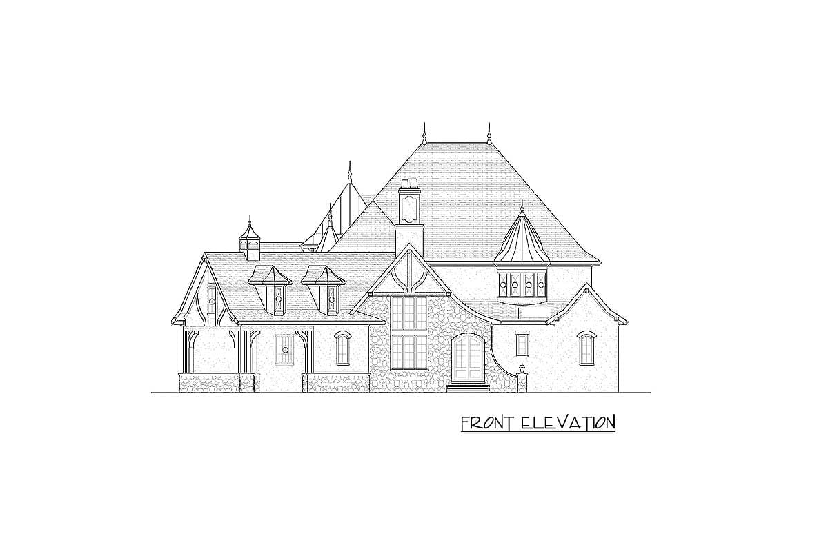 Front elevation drawing of a multi-story house plan with stone facade, prominent gables, and turreted bay window.