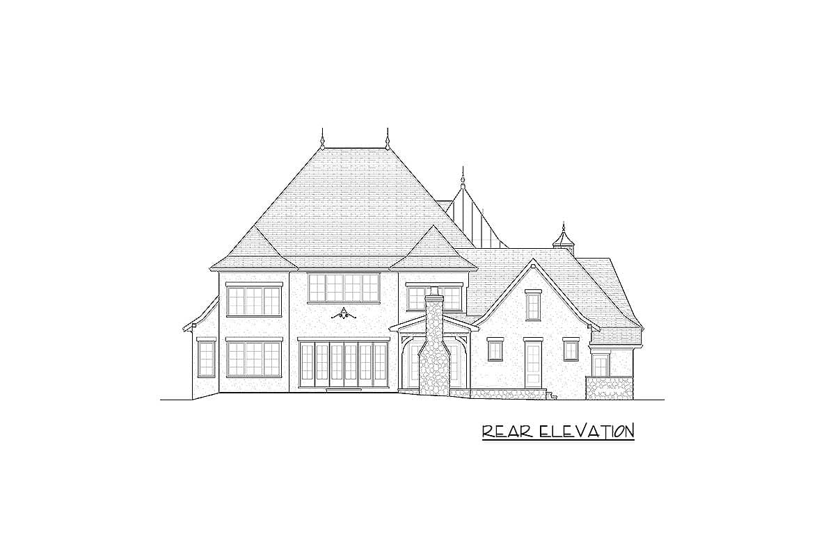 Rear elevation drawing of a two-story house with a steeply pitched roof, multiple gables, and a prominent stone chimney.